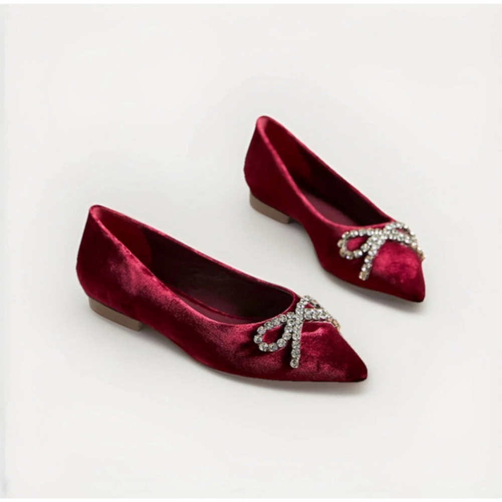 Larroude Women Lee Ruby Red Wine Embellished Bow Velvet Ballet Flat 7.5 THP